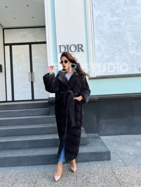 Длинная норковая шуба в цвете графит - фото 2