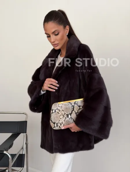 Норковый полушубок - цвет инжир - фото 8