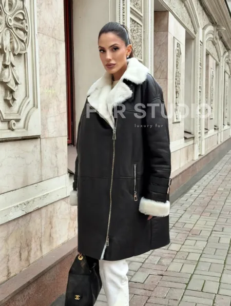 Дубленка авиатор длинная на белой овчине - фото 8