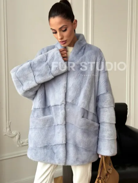 Голубая норковая шуба - жакет - фото 4
