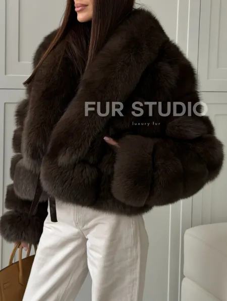 Полушубок-кроп из песца с шалевым воротником - фото 3