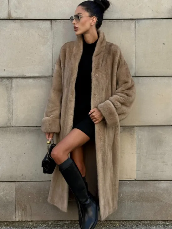 Норковая шуба цельный мех стойка воротник - цвет Caramel - фото 11