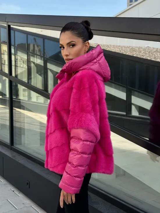 Норковая куртка трансформер 2в1 - цвет фуксия - фото 8