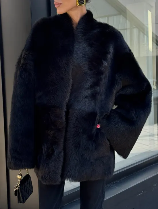 Двухсторонняя черная шуба-дублёнка из итальянской  тосканы - фото 1