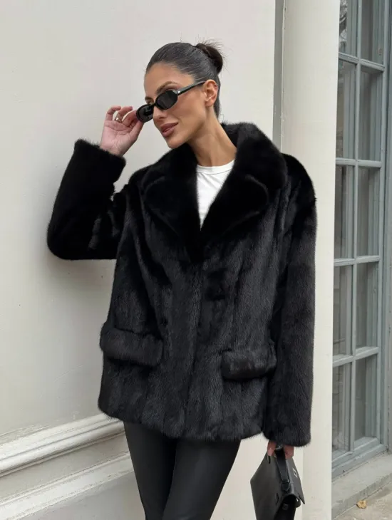 Черная норковая шуба - жакет с английским воротником - фото 10