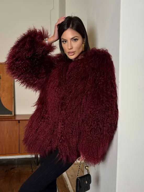 Шуба из меха ламы цвет Burgundy - фото 7