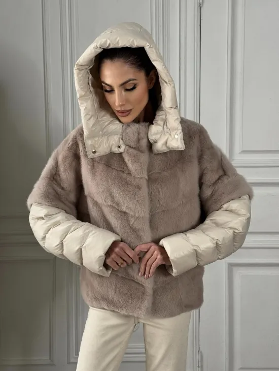 Норковый женский полушубок-жилет 2в1 в цвете «Нюд» - фото 7