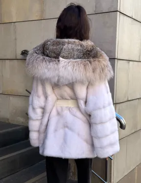 Норковая шуба с мехом рыси - белая - фото 7