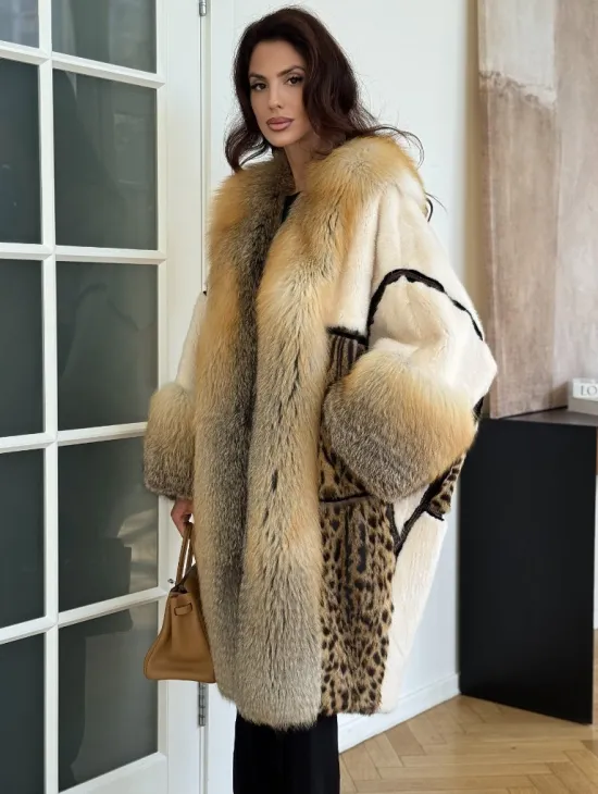 Комбинированная норковая шуба с мехом лисы - белый - фото 0