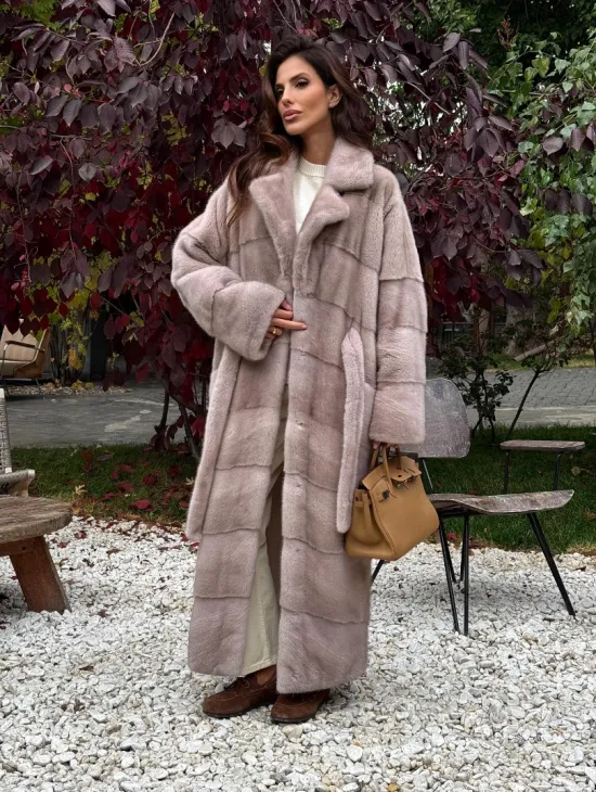 Длинная норковая шуба с поясом - фото 10