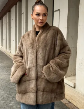 Норковый полушубок пастель V-образный воротник - фото 6