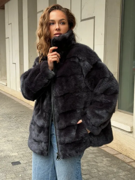 Норковая куртка на молнии - графит - фото 0