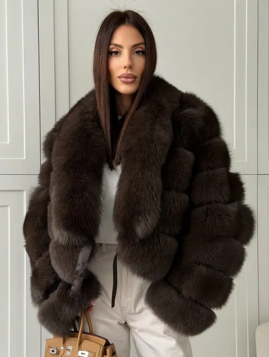 Полушубок-кроп из песца с шалевым воротником - фото 0