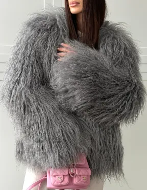 Серая шуба из натурального меха ламы - фото 2