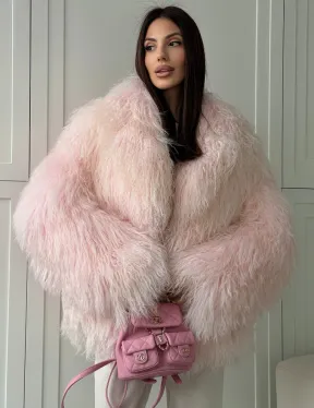Шуба из меха ламы - цвет розовый - фото 0