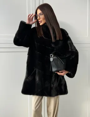 Черная норковая шуба - стойка воротник - фото 8