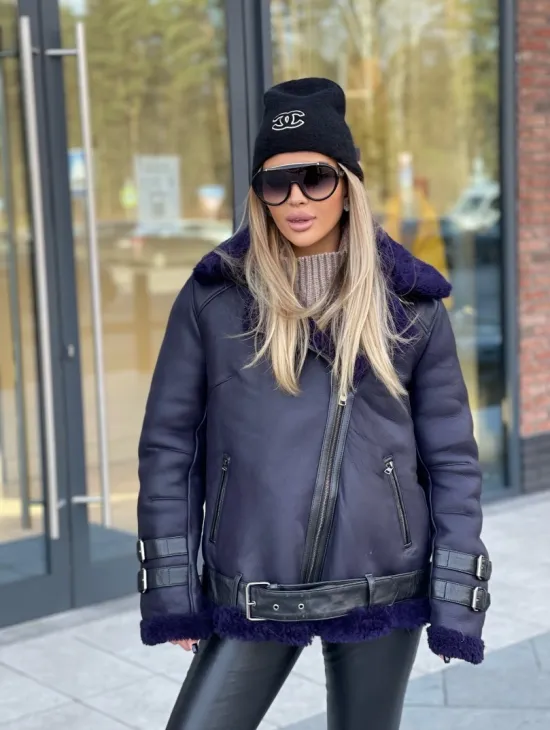 Авиатор из натуральной овчины в синем цвете - фото 0