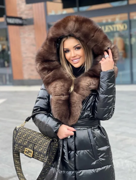 Пальто - пуховик с капюшоном из финского песца - фото 0