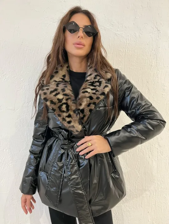 Пуховик с мехом норки в анималистическом принте - фото 5