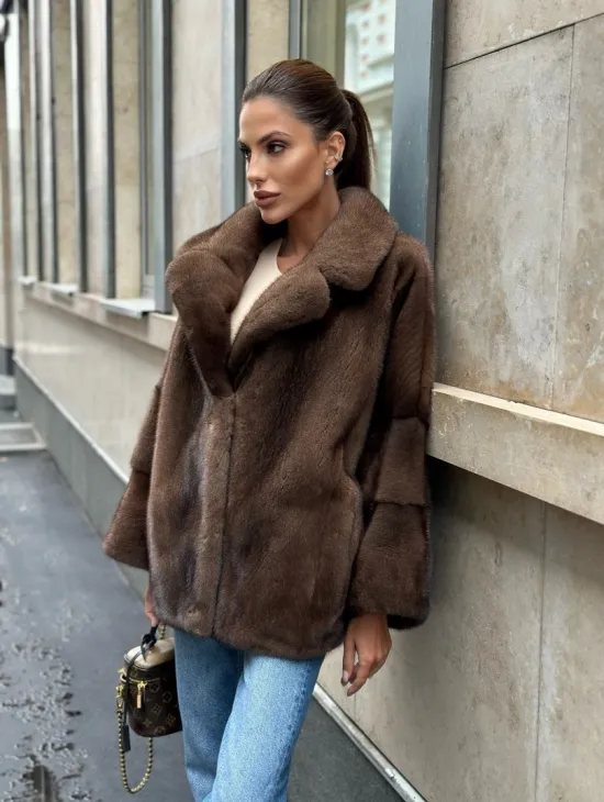 Норковый полушубок с английским воротником - цвет орех - фото 8