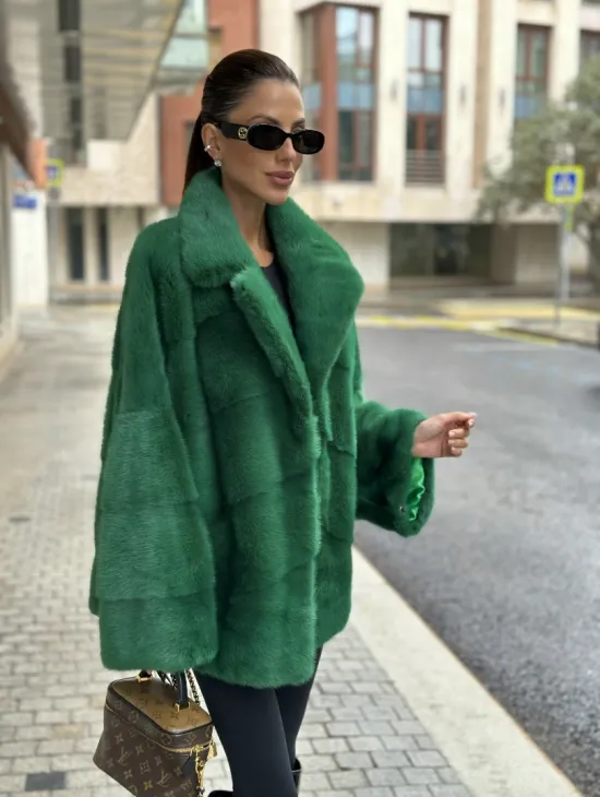 Куртка из норки с английским воротником - цвет изумруд - фото 0