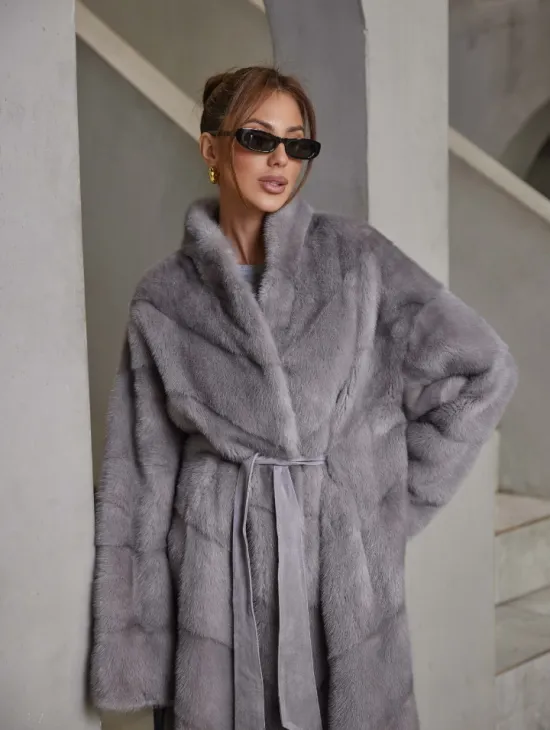 Стильная норковая шуба воротник отворот - цвет дымчато-серый - фото 0