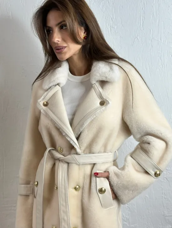 Дубленка из овчины с мехом норки - цвет молочный - фото 1