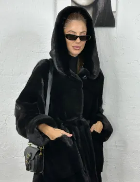 Черная шуба из импортной норки с капюшоном - фото 2