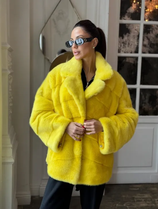 Норковый полушубок английский воротник, паркет - цвет лимонный - фото 3