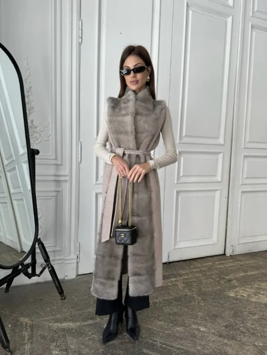 Пальто с мехом норки цвет серый - фото 5