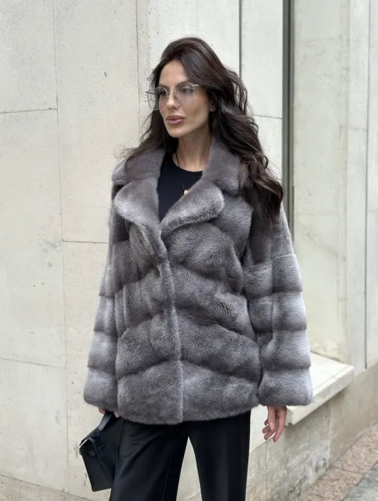 Норковый полушубок с английским воротником - цвет Platinum - фото 5